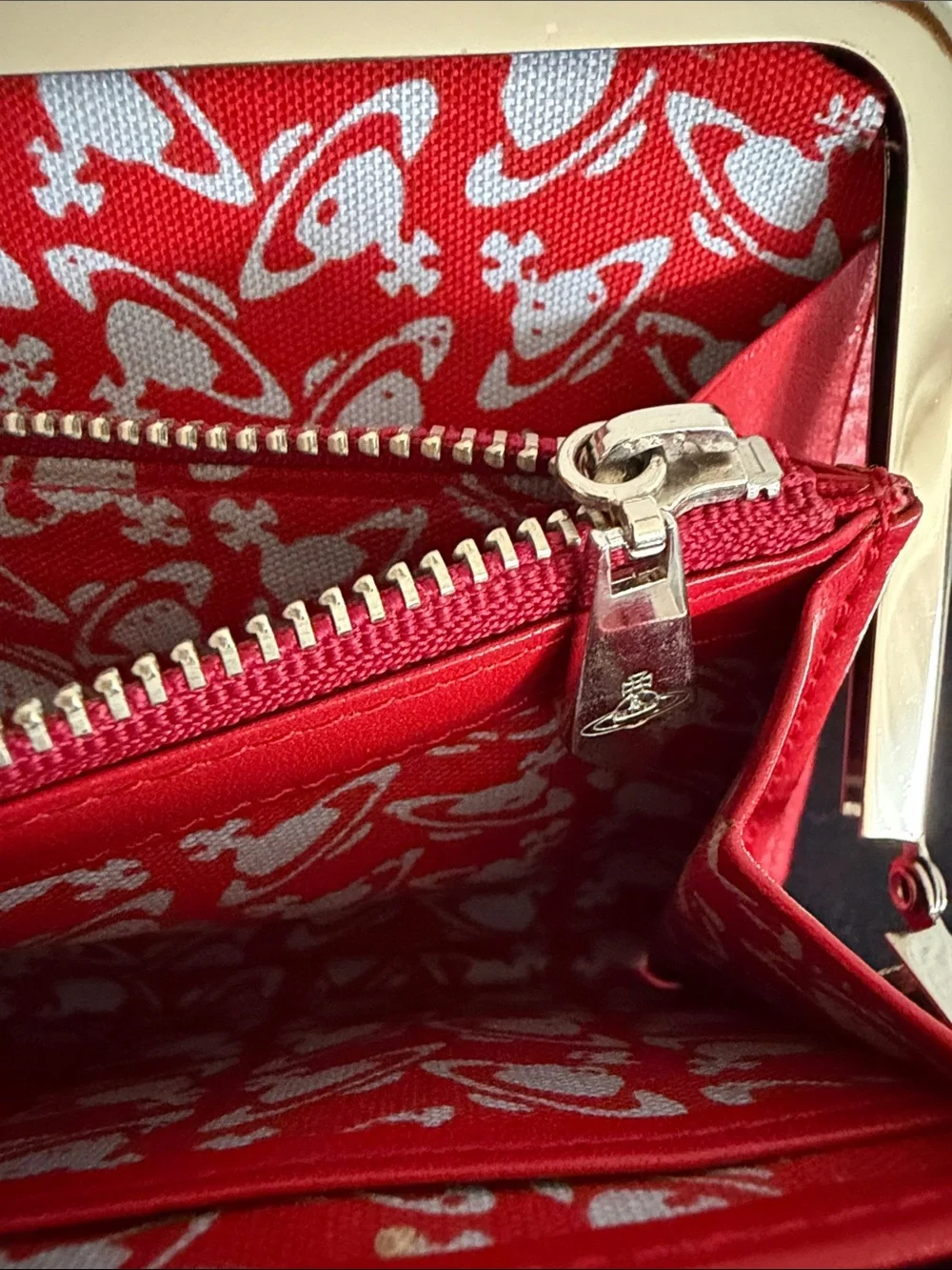 Vivienne Westwood Red Leather Kiss Lock Clutch Wallet with Orb Hardware